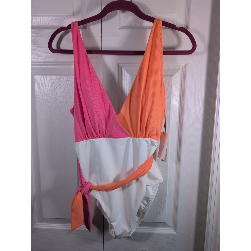 Sanctuary White Multi Colorblocked Tie Front One Piece Swimsuit Medium New
